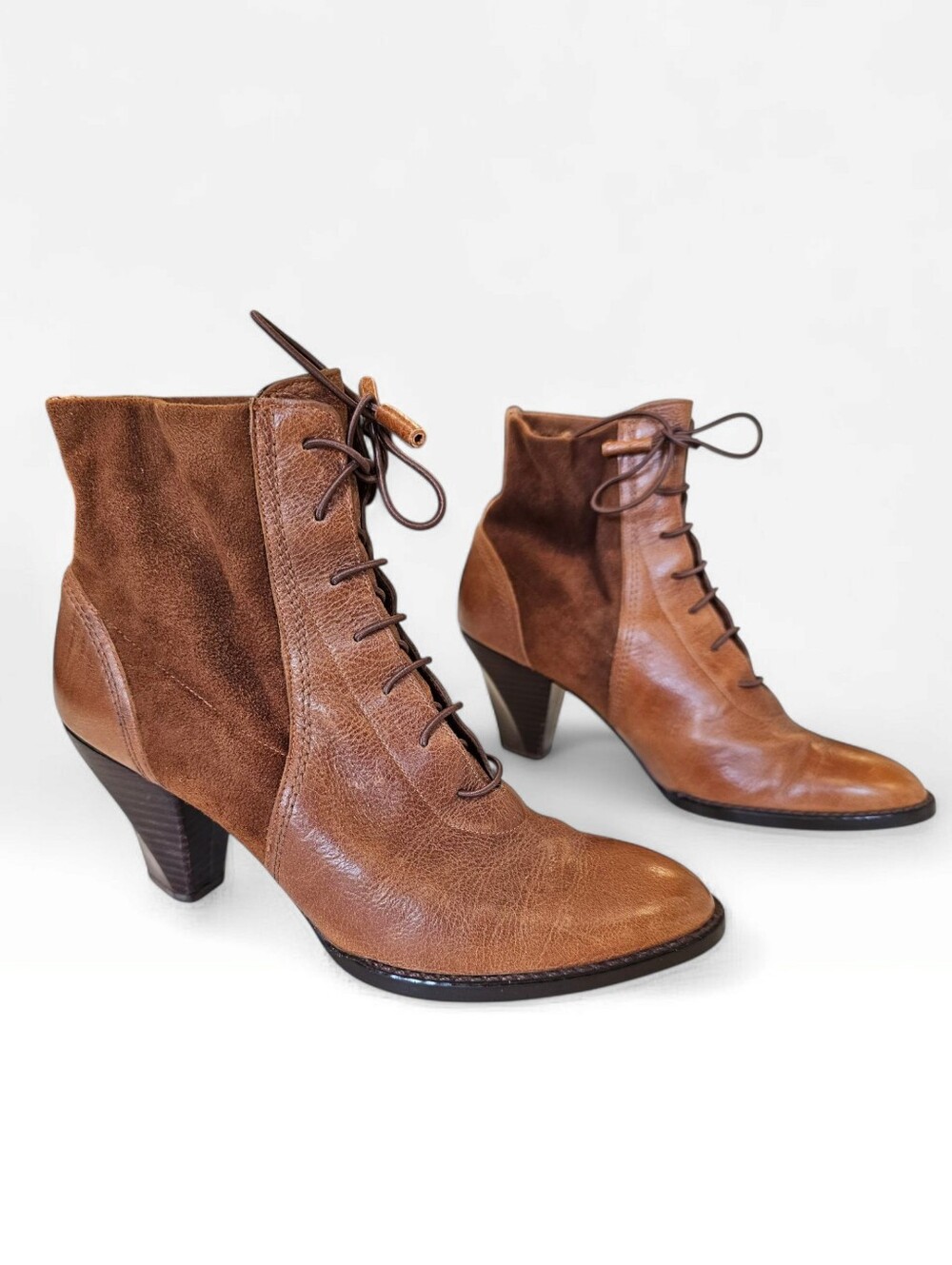 Stuart Weitzman Brown Lace-Up Leather & Suede Ankle Boots
